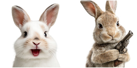 Fototapeta premium Two rabbits one with an open mouth and the other holding a gun on a black background