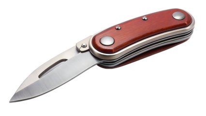 A sharp folding pocket knife with a brown wooden handle, isolated on a white background