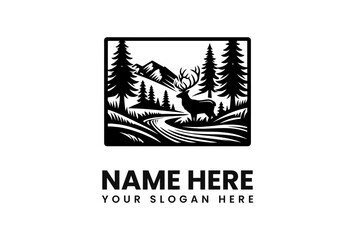 Silhouette of a deer in a forest landscape with mountains, trees, and a winding path, framed in a square.