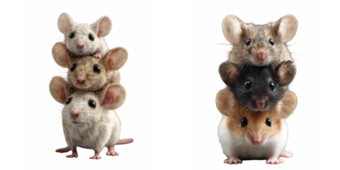 Two stacks of mice balancing on top of each other with a black background around them