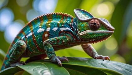 Obraz premium Chameleon on Leaf with Camouflaged Skin 