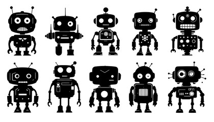 A set of ten black and white silhouette vector illustrations depicting various retro-style robots, each with unique designs and expressions, isolated on a white background.