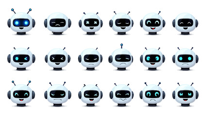Collection of cute cartoon robot emoticons expressing various emotions, ideal for websites, apps, and social media, offering a diverse set of digital expressions.