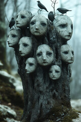 Group of eerie forest dwellers with hollow expressions and wooden textures. Fantasy concept art with dreamlike surreal atmosphere