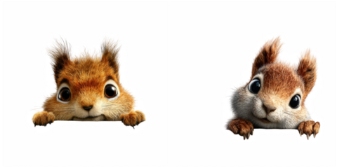 Two adorable squirrels peering over an edge with curious and playful expressions