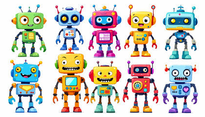 Obraz premium A vibrant collection of ten adorable cartoon robots, each with unique designs and cheerful expressions, standing isolated on a clean white background.