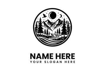 Obraz premium Black and white graphic design of a serene mountain landscape with forest, moon, and stars.