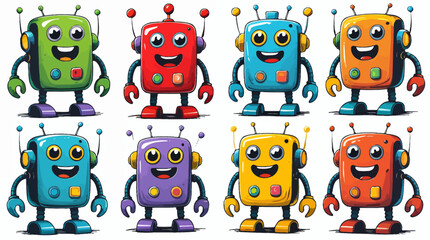 A vibrant collection of cartoon robots, each uniquely colored and designed, standing in a row against a white backdrop, perfect for children's illustrations.