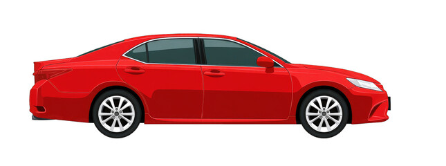 Side profile of a red four-door sedan, sleek design, modern alloys