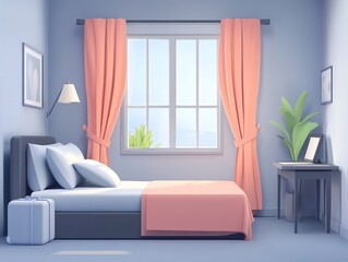 Bright Modern Bedroom with Large Window and Soft Pink Curtains