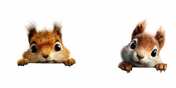 Two adorable squirrels peering over an edge with curious and playful expressions