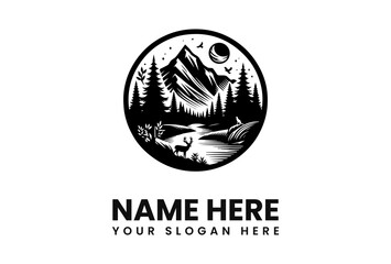 A circular logo featuring a mountain landscape with a river, trees, deer, and a moon in a black and white illustration.