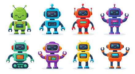 Fototapeta premium A vibrant collection of adorable cartoon robots in various colors and designs, featuring friendly expressions and modern vector illustration style.