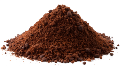 A pile of dark brown coffee grounds isolated on a white background