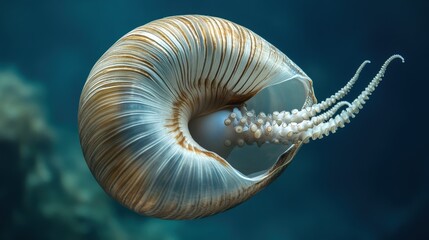 Nautiloid shell with intricate patterns and tentacles.