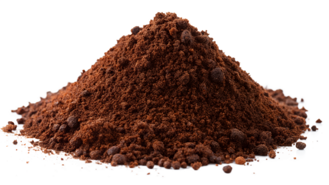 A pile of dark brown coffee grounds isolated on a white background