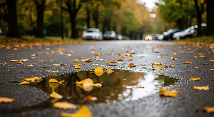 Fototapeta premium Fallen autumn leaves scattered on a wet asphalt road with a puddle reflecting the sky
