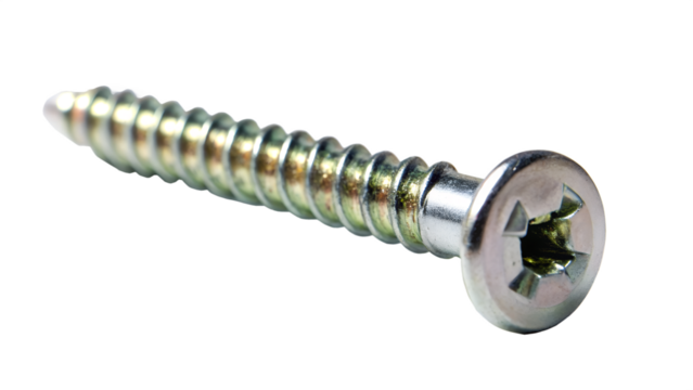 A single metal screw with a cross head, isolated on a white background