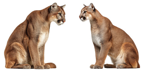 Two cougars facing each other in a symmetrical composition against black background