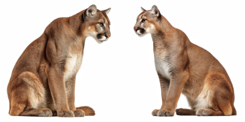 Two cougars facing each other in a symmetrical composition against black background