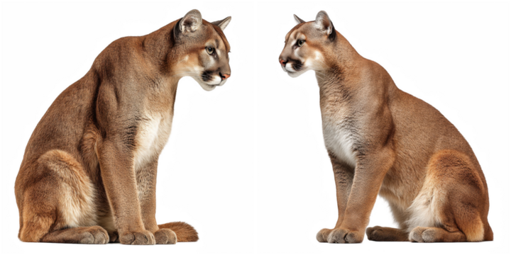 Two cougars facing each other in a symmetrical composition against black background