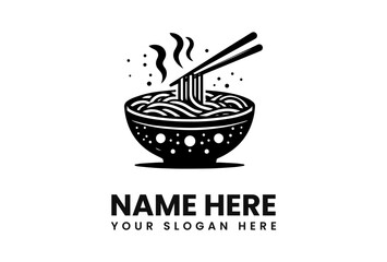A stylized black and white logo featuring a steaming bowl of noodles and chopsticks.