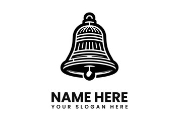 A stylized black and white bell illustration with text below, on a white background.