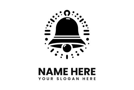 Black bell icon with decorative dots, hanging above text placeholders for a name and slogan.
