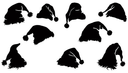 A collection of black Santa hats in various styles, presented as a PNG file, perfect for holiday-themed design projects, offering versatility and ease of use for creative endeavors.