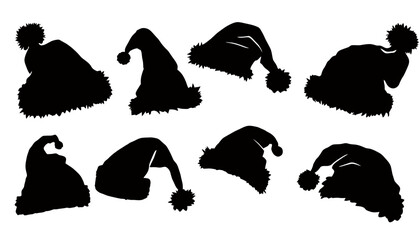 A festive collection of Santa hats in various styles and shapes, perfect for adding a touch of holiday cheer to your Christmas-themed designs and projects.