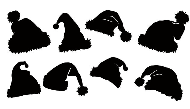 A festive collection of Santa hats in various styles and shapes, perfect for adding a touch of holiday cheer to your Christmas-themed designs and projects.
