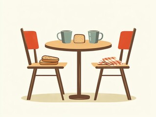 Simple Cozy Breakfast Scene with Two Chairs and Table with Coffee Mugs and Pastry