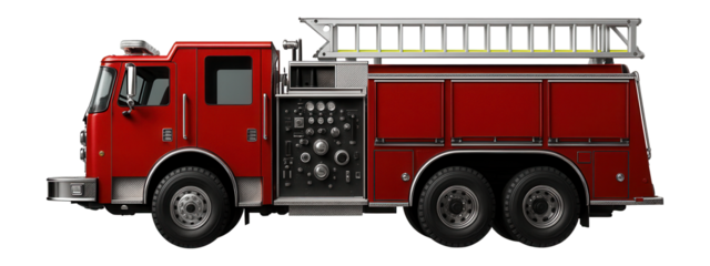 Pump-equipped fire engine with dual rear axles and chrome accents
