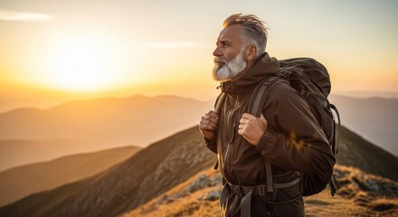 Mature Man Hiking Mountain Peak at Sunset Backpacker Adventurer Golden Hour Landscape