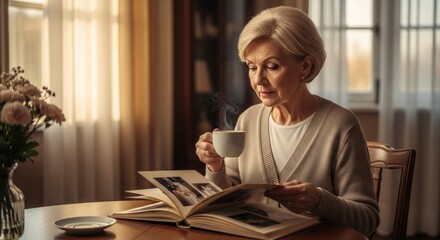Senior Woman Enjoying a Warm Drink While Looking Through Old Photo Album at Home