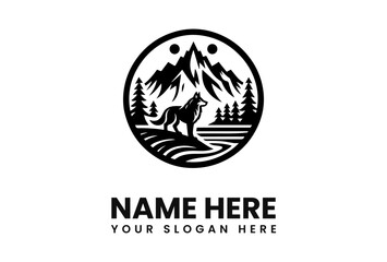 A majestic wolf stands by a serene lake, silhouetted against a mountainous backdrop within a circular emblem.