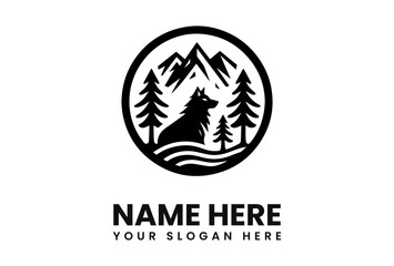 A stylized black and white logo featuring a wolf, mountains, and trees within a circle.