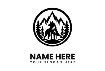 A majestic wolf stands proudly amidst a mountain range and pine trees, encircled within a bold circular logo design. © vectorvovdesign