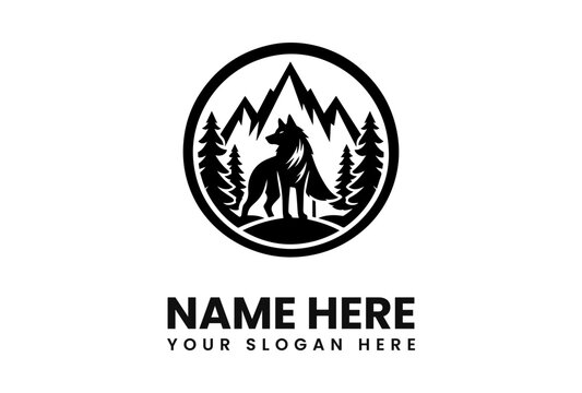 A majestic wolf stands proudly amidst a mountain range and pine trees, encircled within a bold circular logo design. - Powered by Adobe