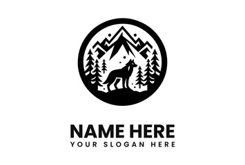 A black and white logo featuring a wolf, mountains, and trees within a circle.