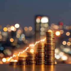 Ascending gold coin stacks against a blurred cityscape at night, illuminated by a glowing upward trend line