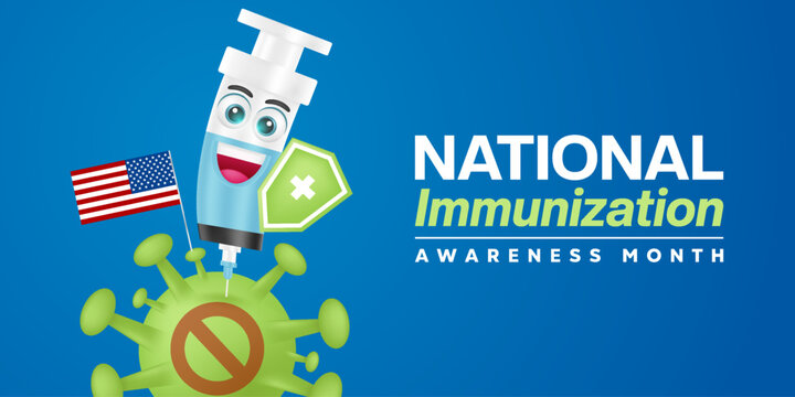 August  National Immunization Awareness Month. Syringe, virus, american flag, shield and plus icon. Suitable for posters, banners and social media. Blue background.