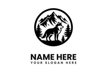 A stylized black and white logo featuring a wolf, mountains, and trees.