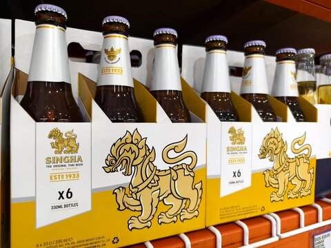 Singha lager beer six-packs on display at the supermarket