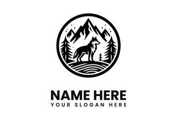 Black and white logo design featuring a wolf standing in a mountain landscape.