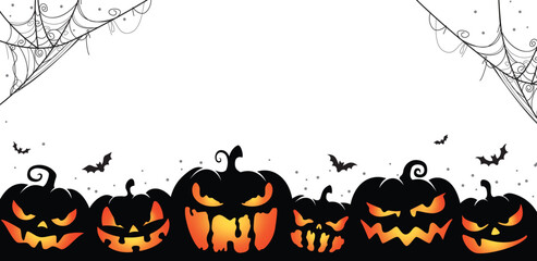 Spooky Halloween background with glowing pumpkins, spider webs, and flying bats. Ideal for party invitations, posters, and seasonal banners.