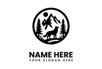 Fototapeta premium Circular logo featuring a wolf silhouette standing before mountains, trees, and a sun or moon.
