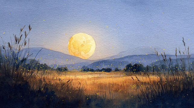 Watercolor landscape of a golden field at dusk with a glowing full moon, distant hills, tall grasses, and scattered fireflies in a calm autumn setting