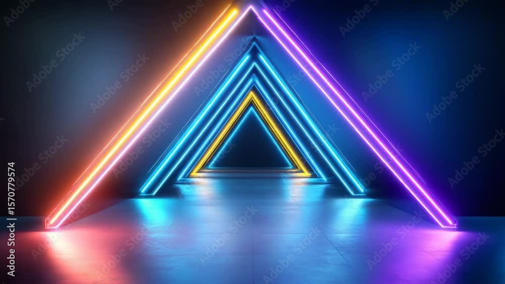 Sticker neon light tunnel with colorful glowing triangle frames and vibrant reflections in dark space creati