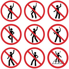 Set of prohibitory signs showing that dancing alone is prohibited
